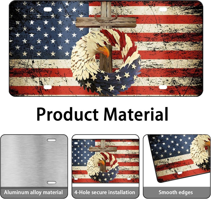 MCIAONE Front License Plate Eagle - American Flag License Plate with Eagle, Aluminum Cross Decorative License Plates Christian Novelty Vanity Tag, Car Decor Accessory with 4 Holes, 6×12 inch Car License Decor - Image 3